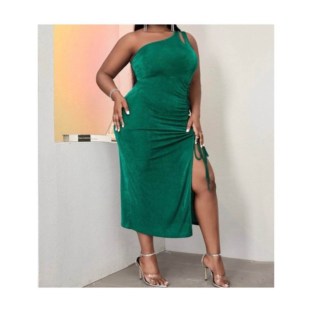 Plus Cut Out One Shoulder Drawstring Split Thigh Dress